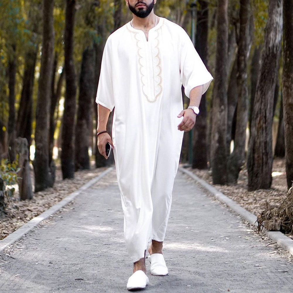 White Collarless Ethnic Style Muslim Robe