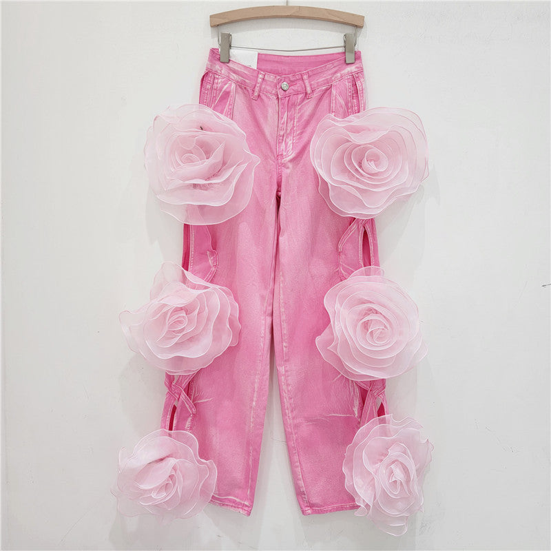 Trendy High-Waisted Pink Cut-Out Flower Denim Wide-Leg Pants