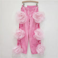 Trendy High-Waisted Pink Cut-Out Flower Denim Wide-Leg Pants