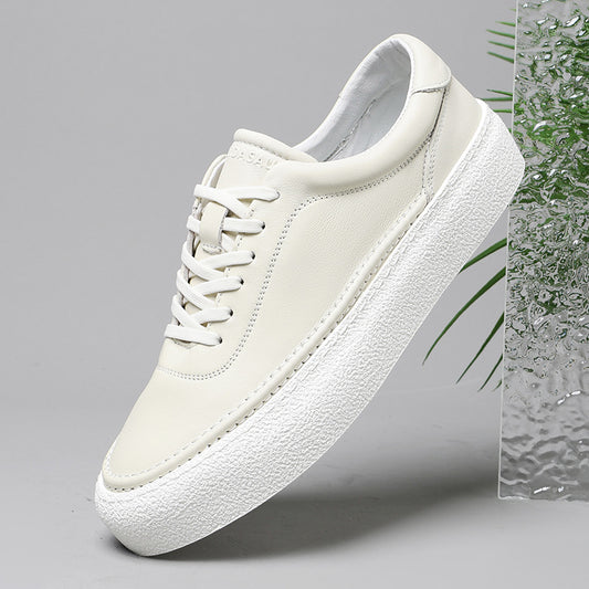 Mens White Leather Sneakers  Breathable Korean Style Casual Shoes