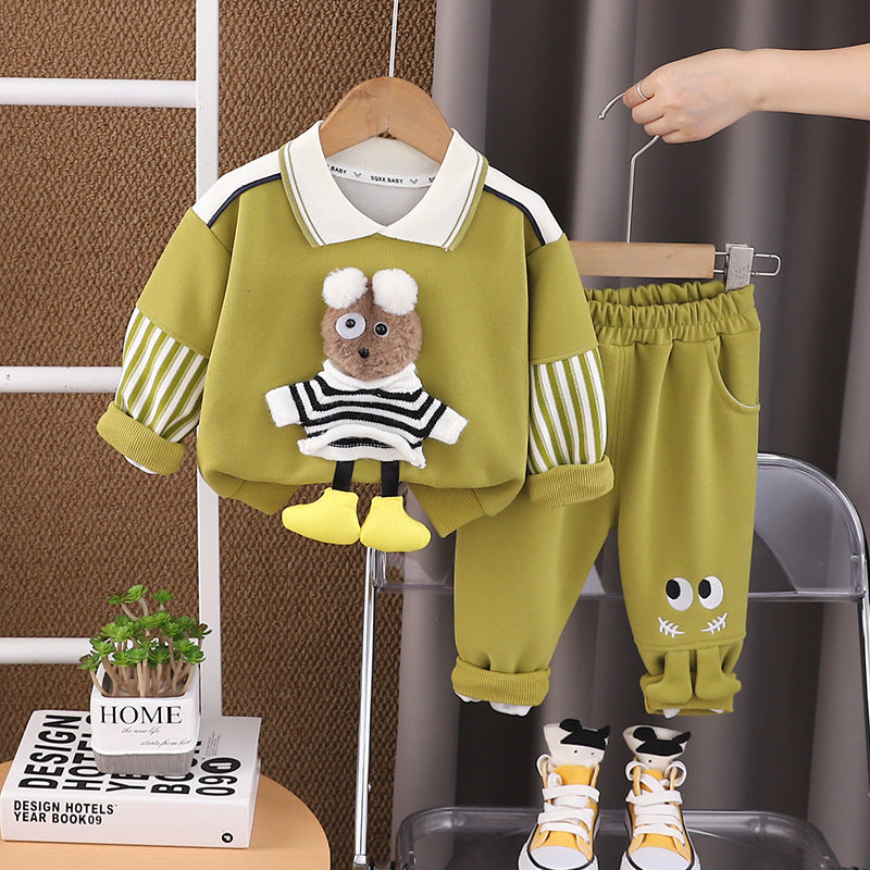 Adorable Bear Lapel Two-Piece Set  Spring & Autumn Cozy Outfit for Babies & Toddlers (0-4 Years)