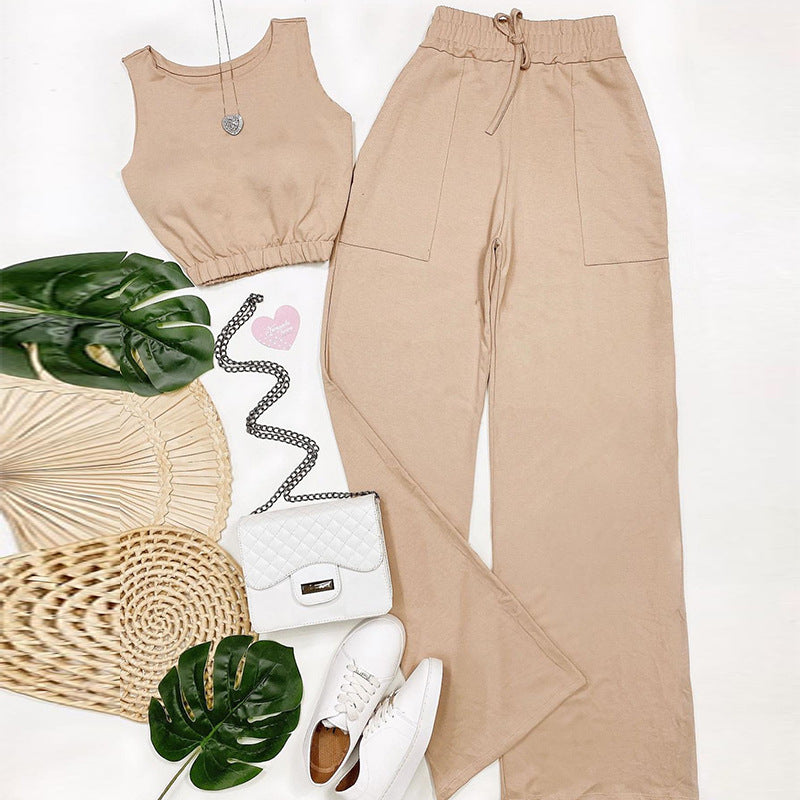 Solid color cropped vest, drawstring high-waisted straight pants, fashionable casual suit
