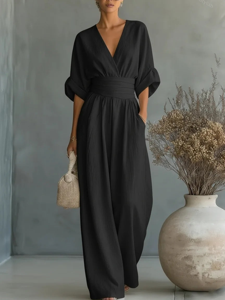 Womens Elegant V-Neck Waist-Slimming Jumpsuit
