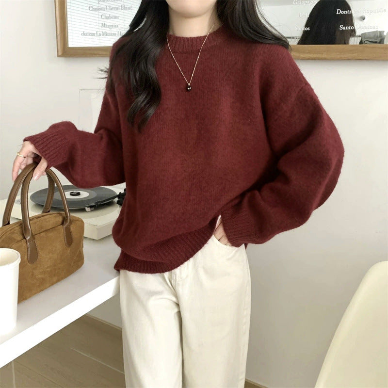 Solid Color Crew Neck Loose Knit Sweater  Casual Autumn Winter Pullover