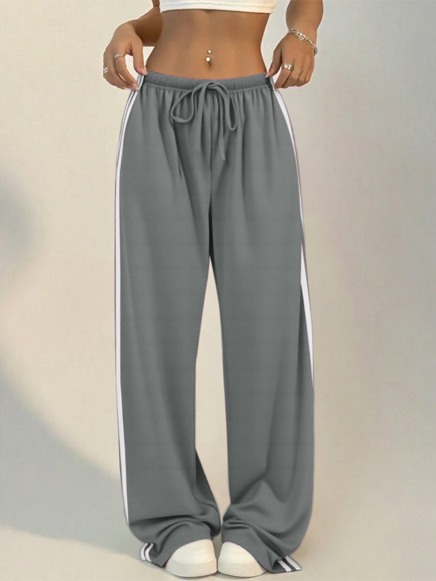 Women's Wide-Leg Striped Slacks with Drawstring Waist