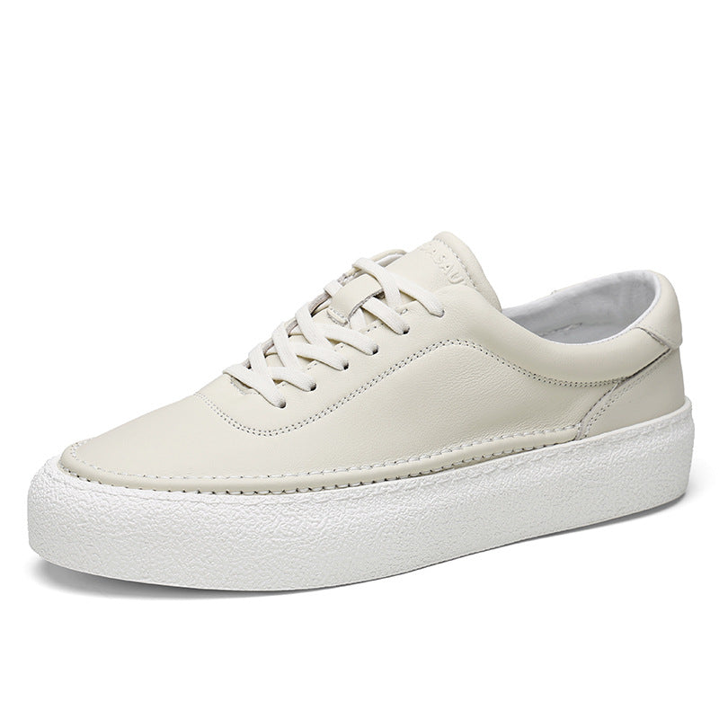 Mens White Leather Sneakers  Breathable Korean Style Casual Shoes