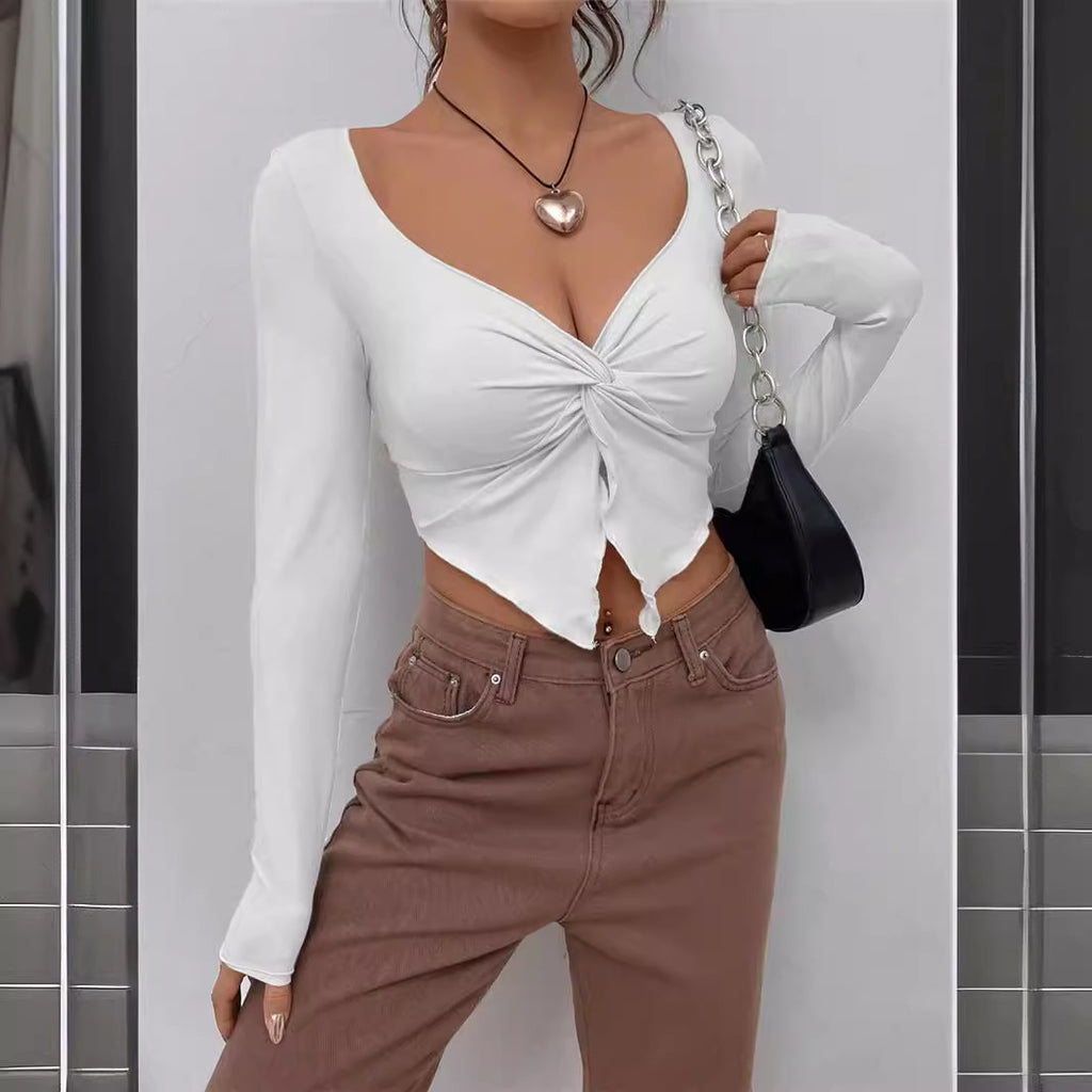 New Slim Front Twist Irregular Long-Sleeved T-shirt Women: Spring and Summer