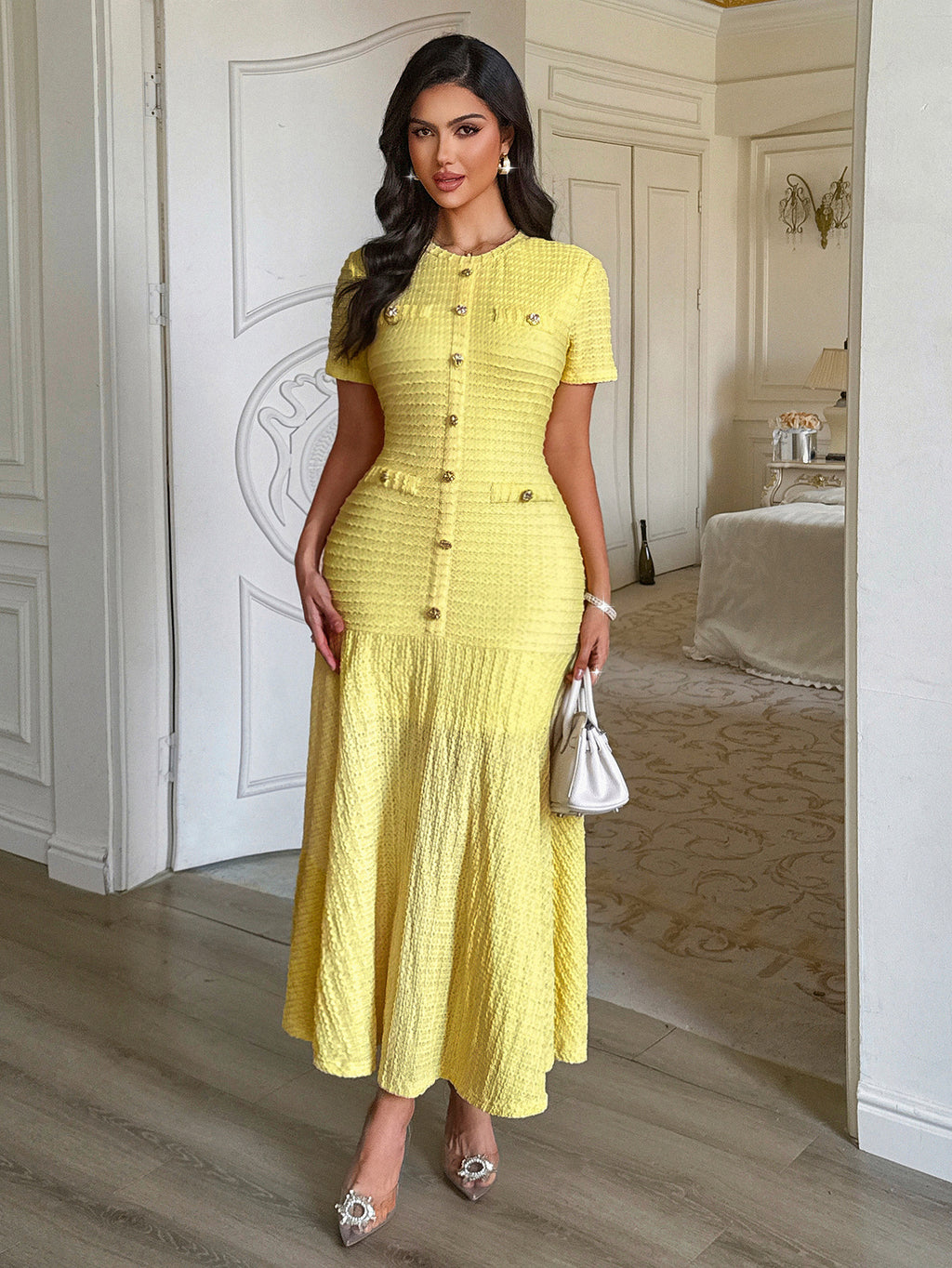 Women's Elegant Solid Color Bodycon Dress – Short Sleeve Office & Party Midi Dress