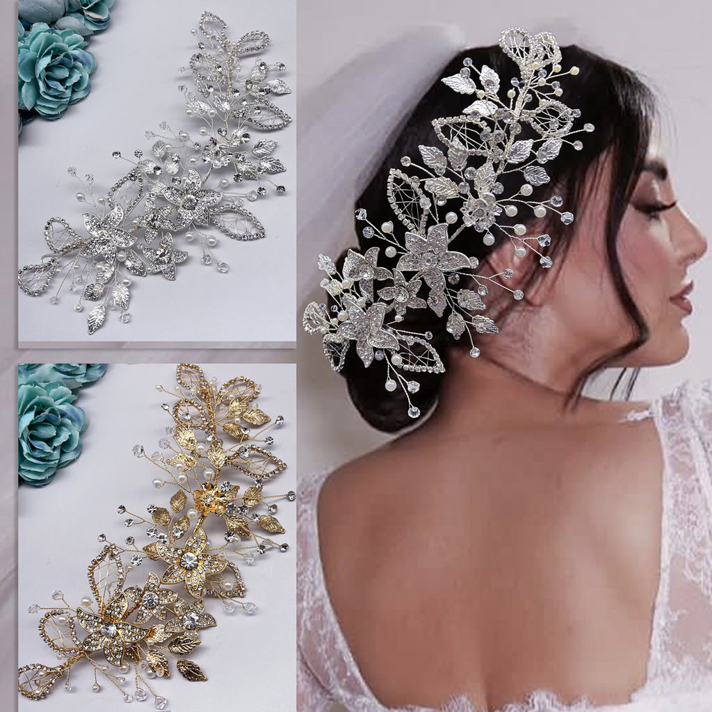 Bridal hand-twisted silk beaded hollow leaf  wedding hair tiara
