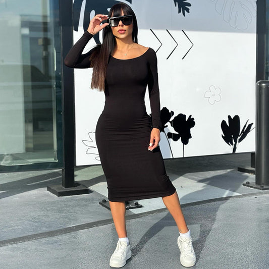 Round Neck Midi Skirt Slim Hip Wrap Dress