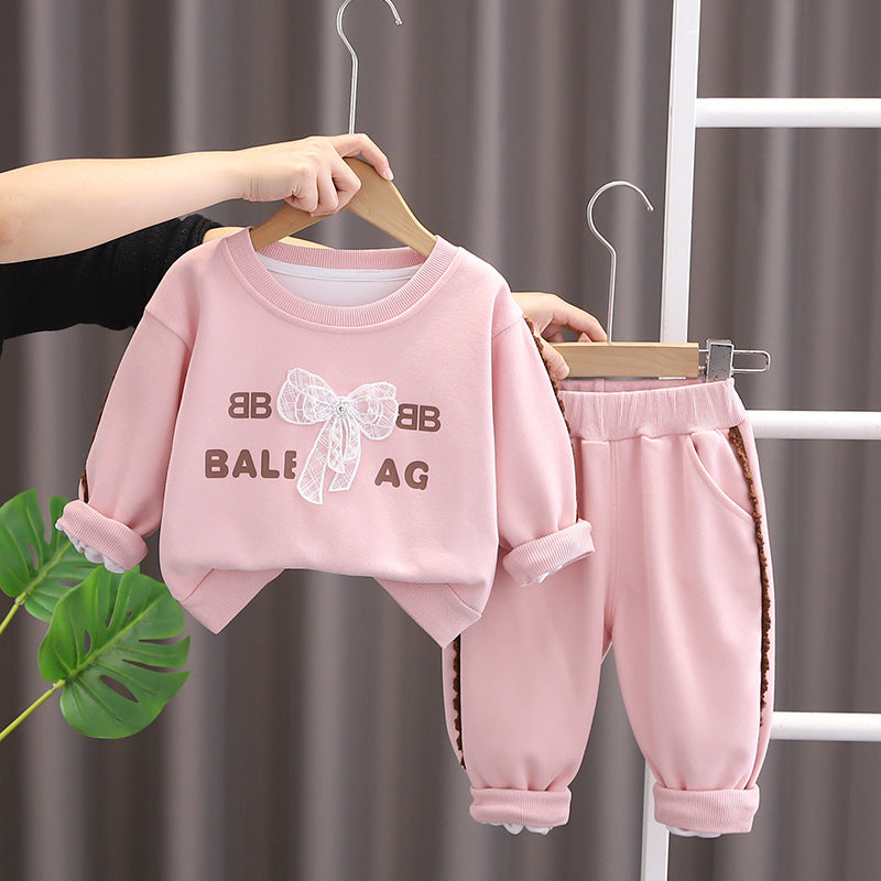 Bow & Letter Print Sweatshirt Set - Spring/Autumn Two-Piece Outfit for Baby Girls (0-4 Years)