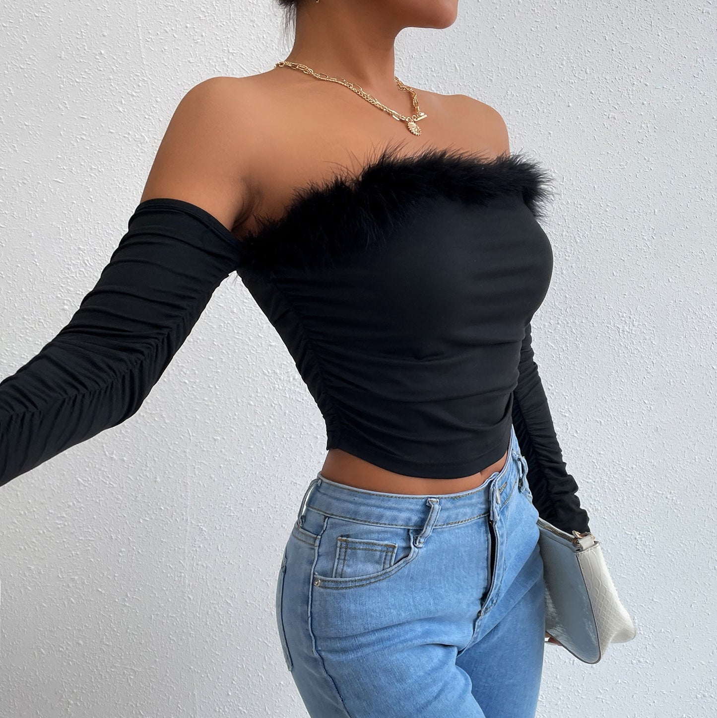Summer long-sleeved top, straight neck, backless and off-the-shoulder top