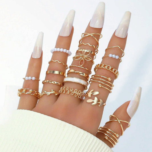 22-Piece Butterfly, Pearl, and Geometric Ring Set