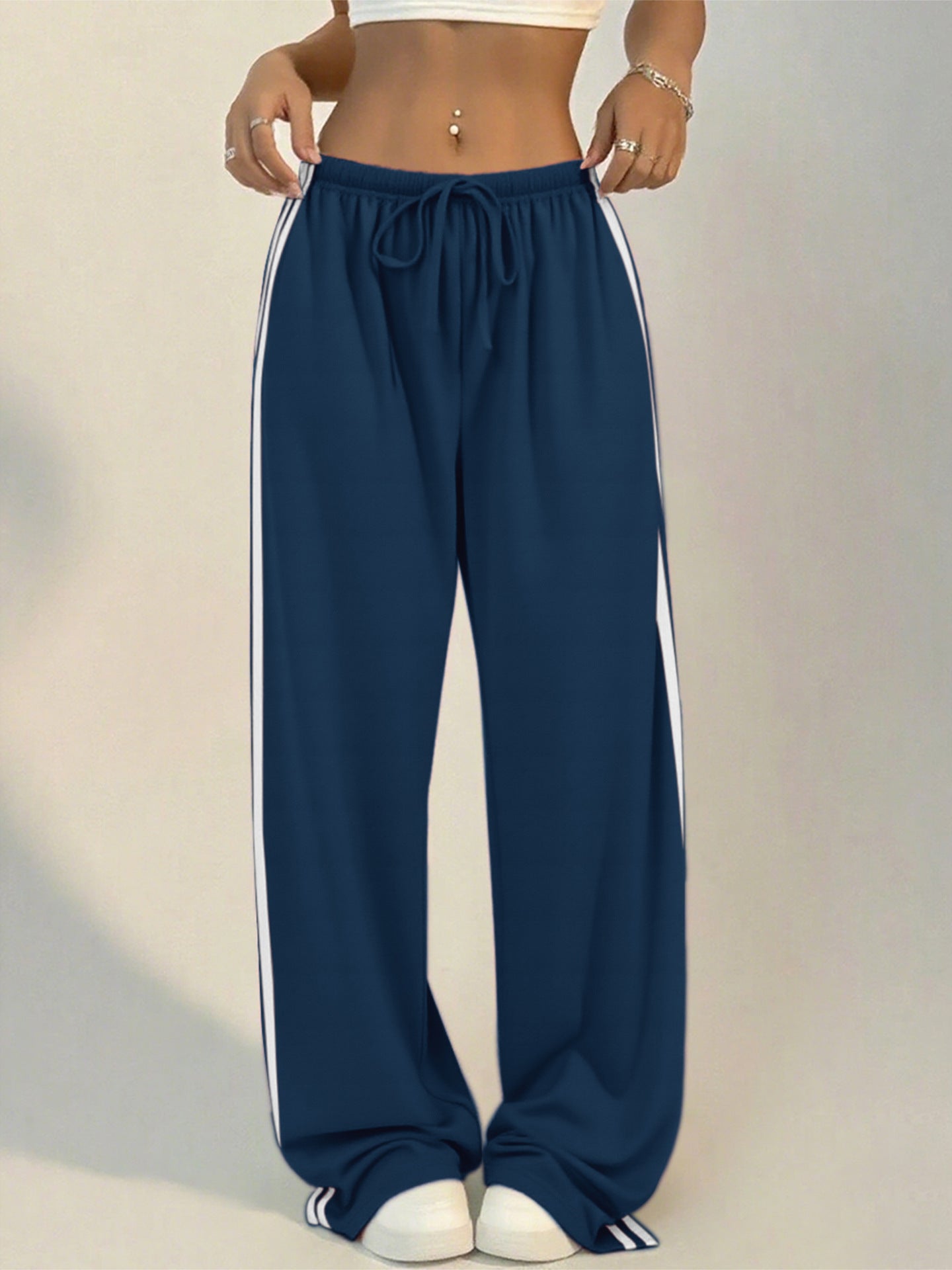 Women's Wide-Leg Striped Slacks with Drawstring Waist
