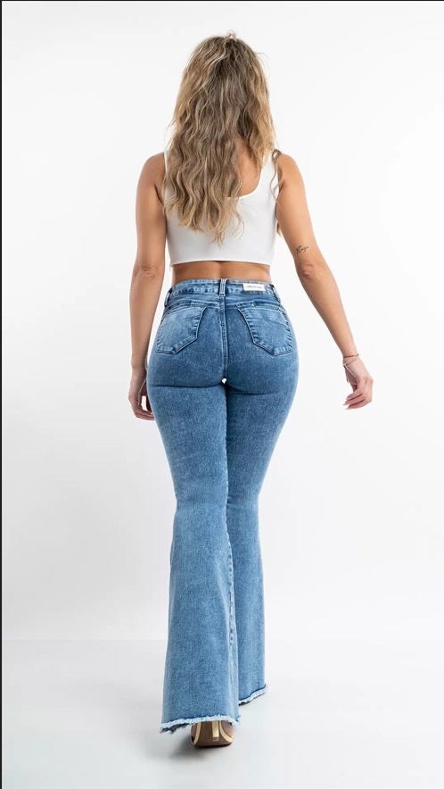 High waist elastic spike button raw fringe jeans