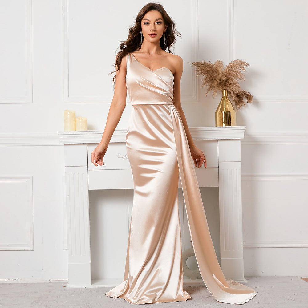 Elegant One-Shoulder Satin Mermaid Wedding Evening Dress