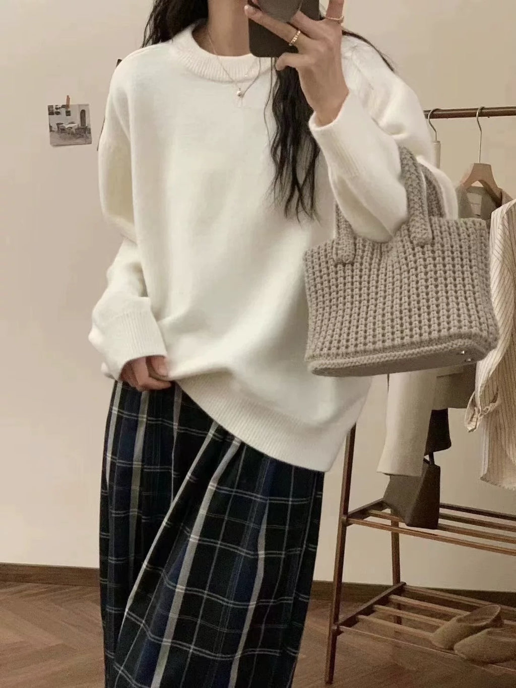 Solid Color Crew Neck Loose Knit Sweater  Casual Autumn Winter Pullover