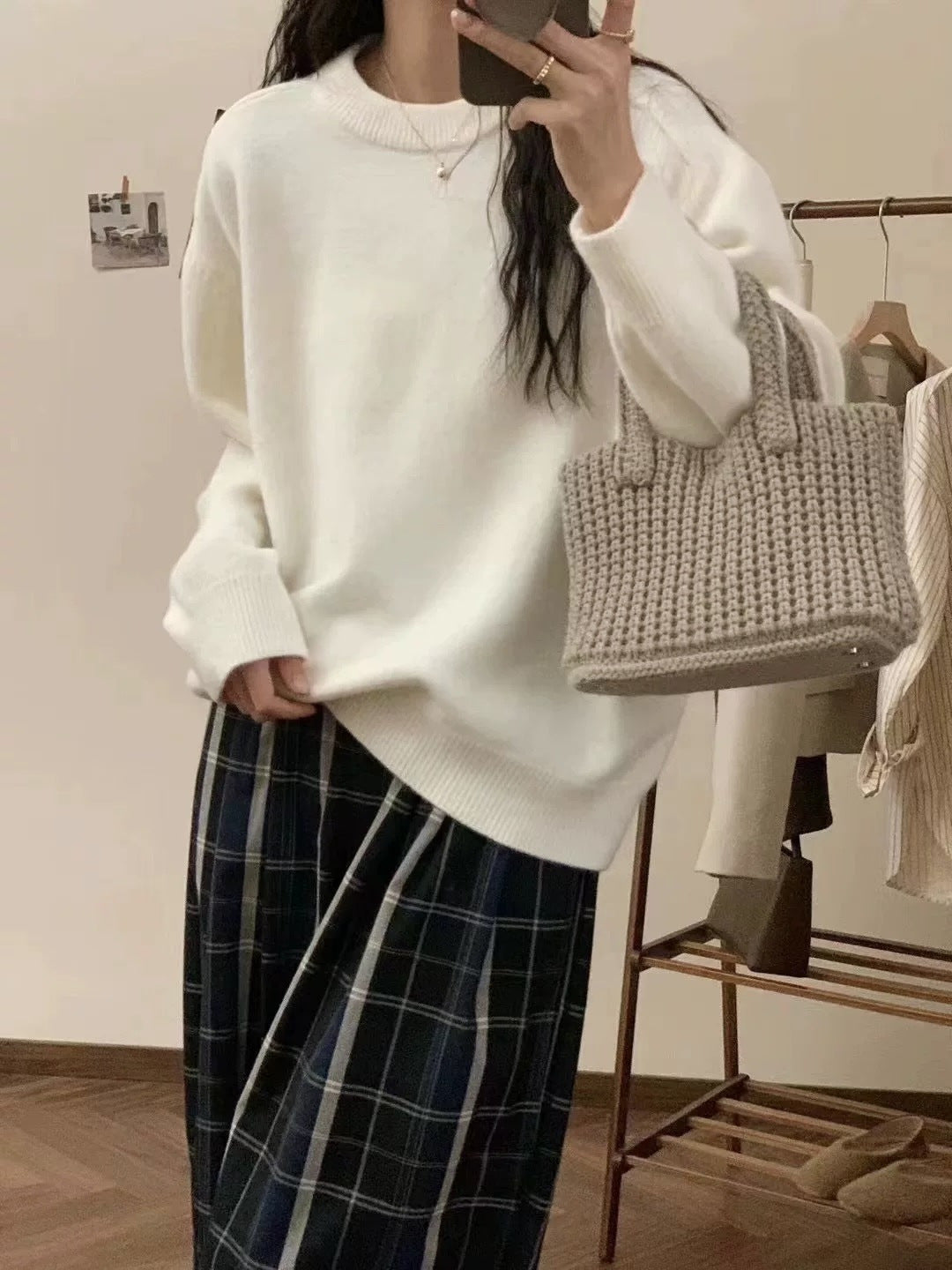 Solid Color Crew Neck Loose Knit Sweater  Casual Autumn Winter Pullover