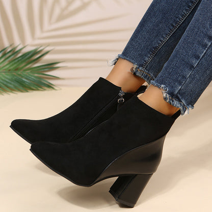 New Block Heel Side Zipper Boots Stylish Pointed Toe