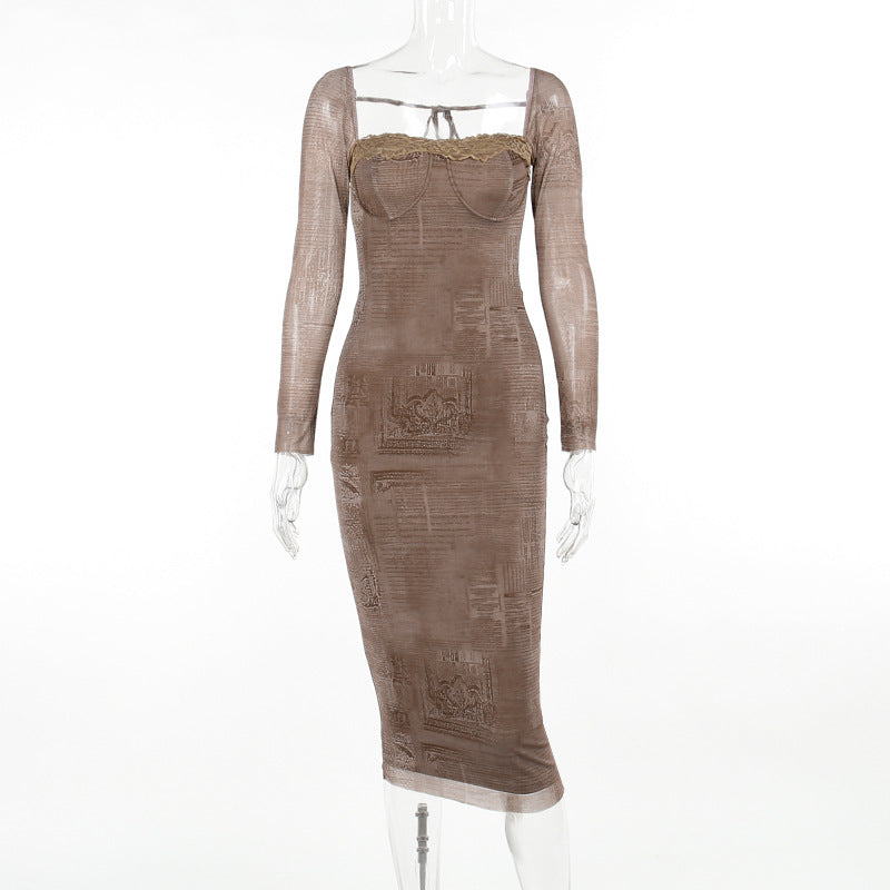 Vintage Lace Mesh Long-Sleeved Dress