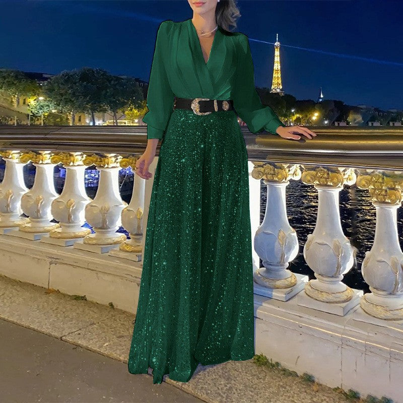 V-neck long-sleeved shirts, waist thin, sequined wide-leg pants