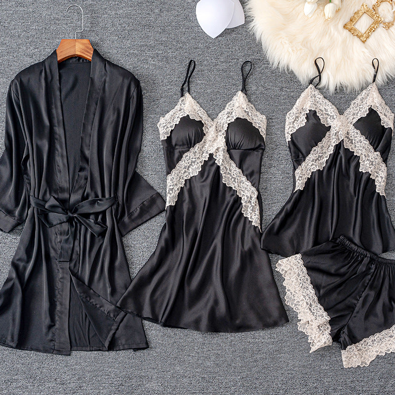 Women's Ice Silk 5-Piece Pajama Set – Sexy Cami Nightdress & Loungewear