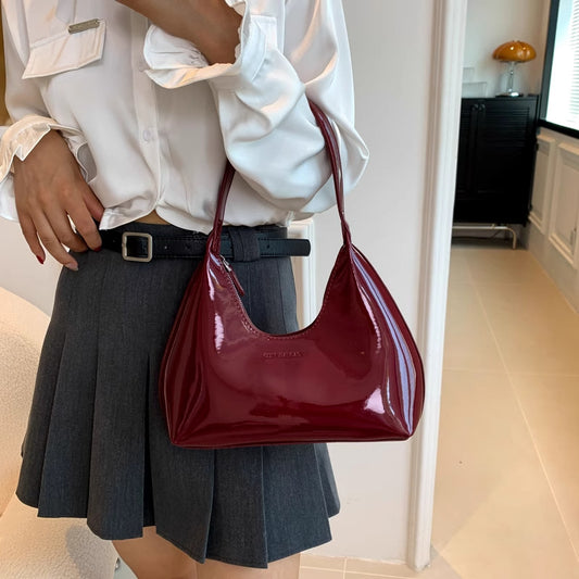 Texture vintage patent leather burgundy armpit crossbody bag