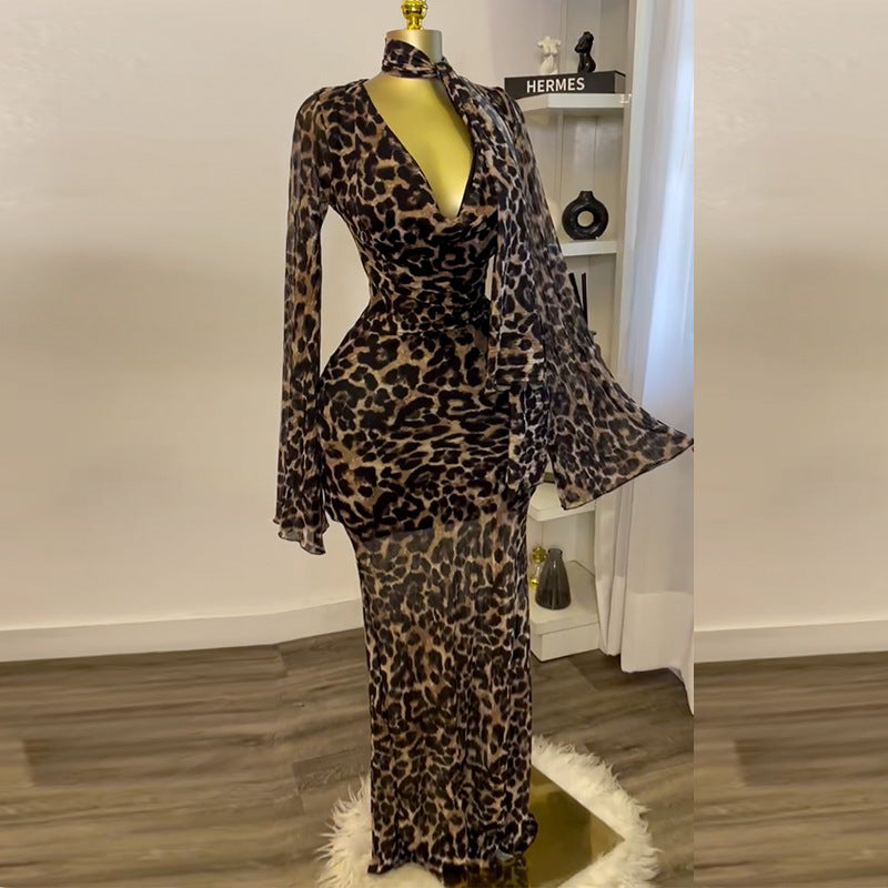 Sweet Print Pile Collar Bell Sleeve Dress