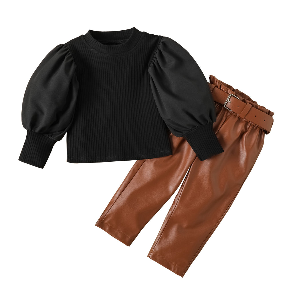 Girls' Spring/Autumn Fashion Set  Bubble Sleeve Top & PU Leather Pants