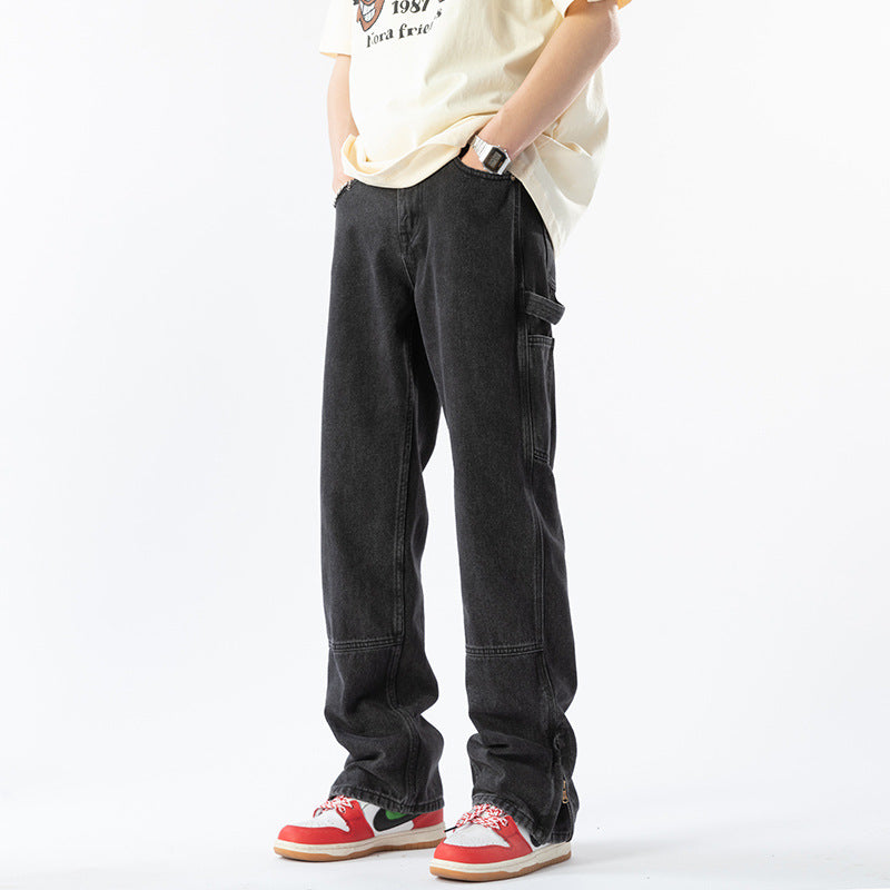 Retro Distressed Zipper-Slit Straight-Leg Jeans for Men