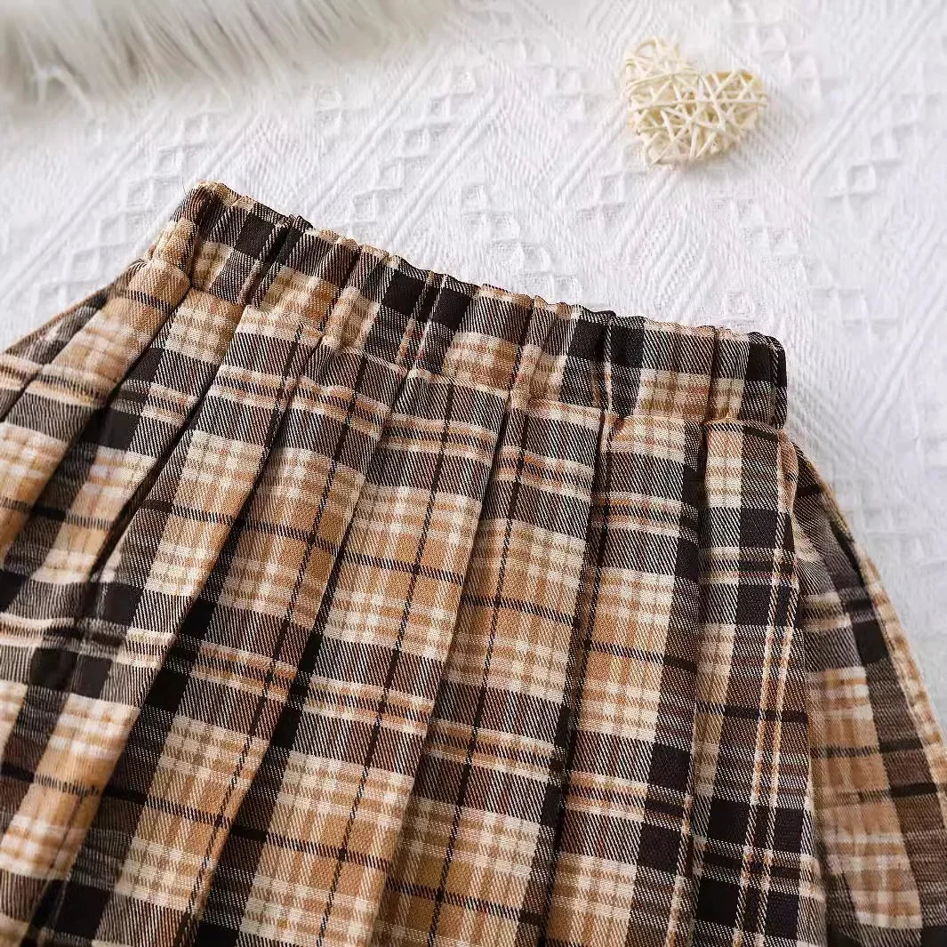 Bear-Embroidered Jacket & Plaid Skirt Set