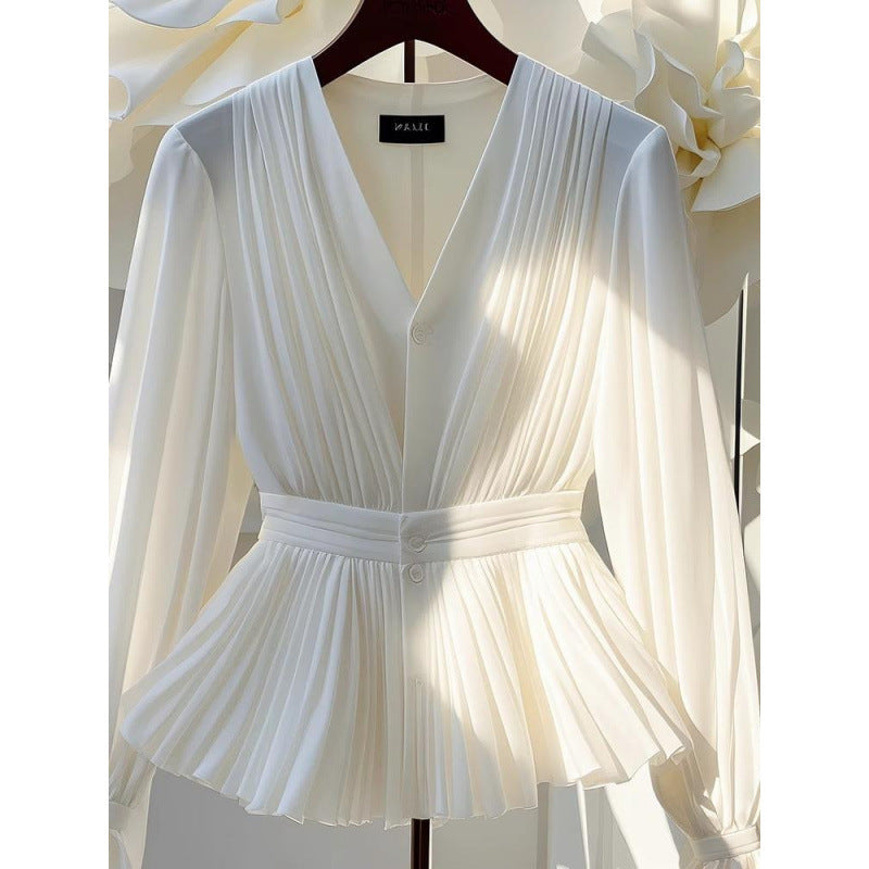 Elegant French-Style V-Neck Long-Sleeve Top