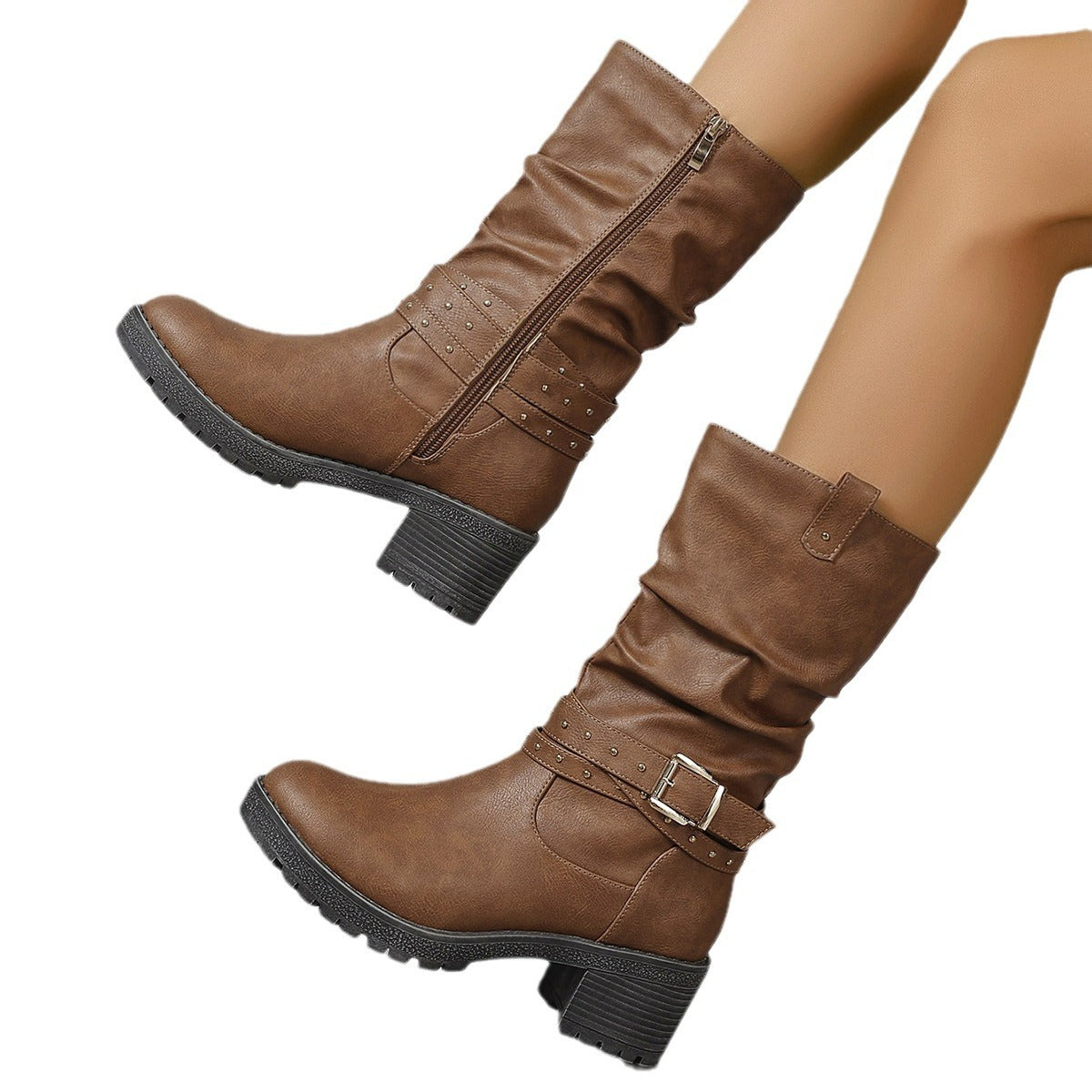 Brown ruffled side zipper studs, block heel