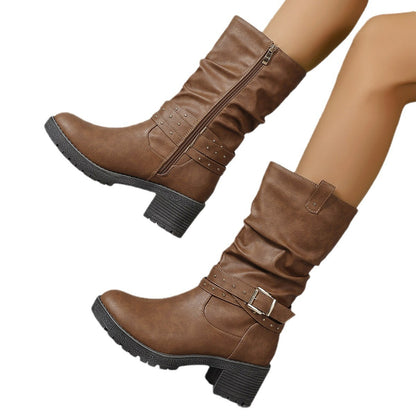 Brown ruffled side zipper studs, block heel