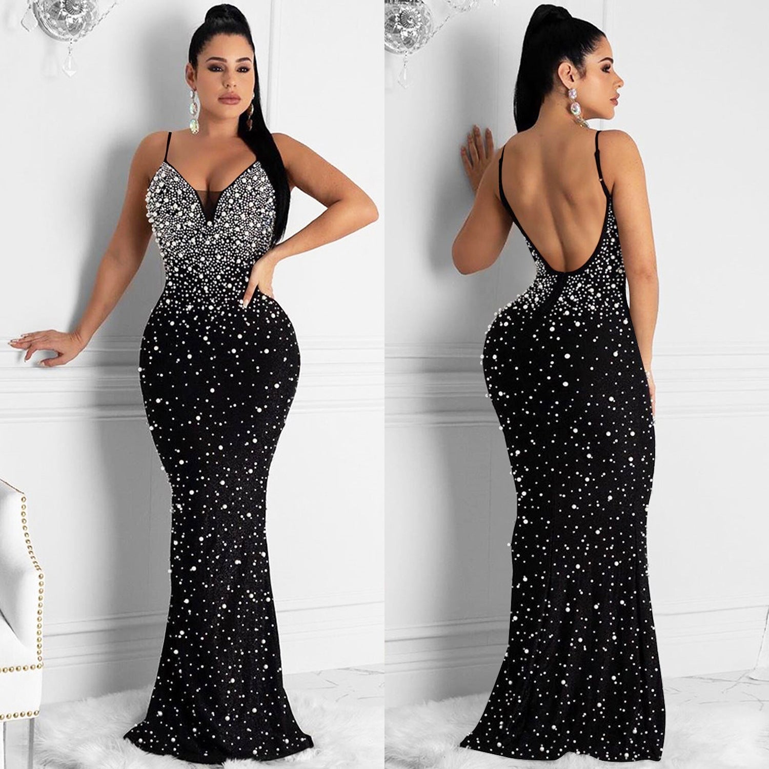 Hot Diamond Sexy Suspenders Sleeveless Long Dress