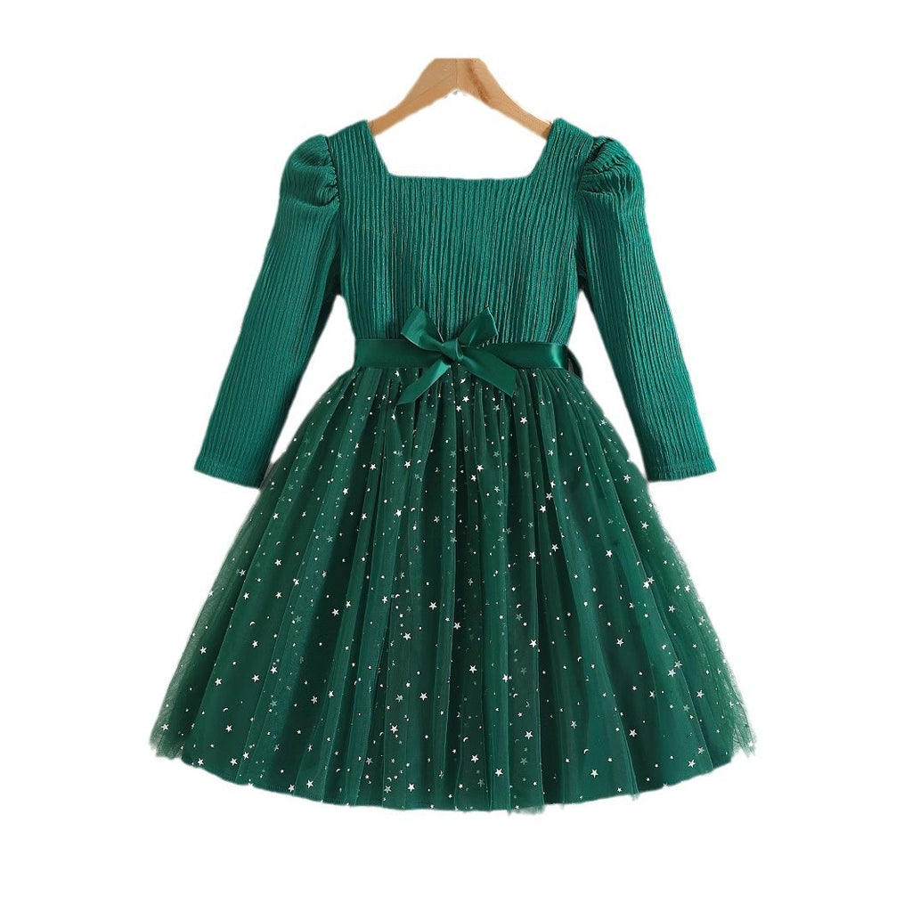 Enchanting Green Star Dress  Long Sleeves For Little Princess Magic