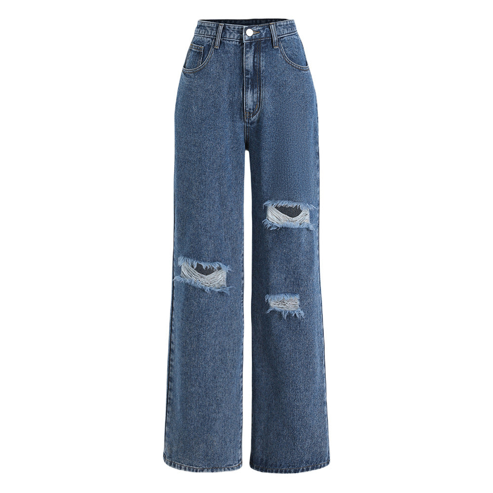 Black classic ripped straight denim pants