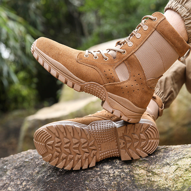 Mens Brown Combat Training Boots  Waterproof Desert Tactical Boots with Side Zipper & Non-Slip Sole
