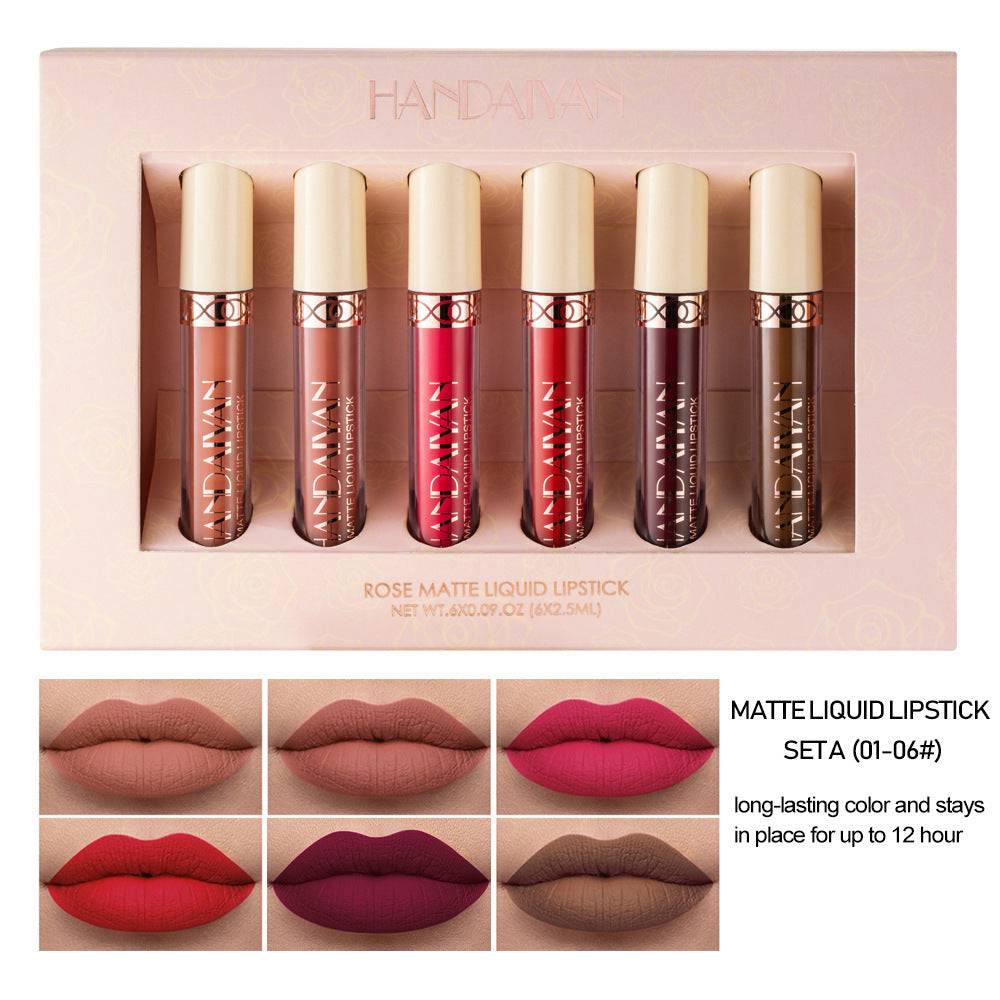 HANDAIYAN 6-Pack Matte Rose Lip Gloss Nude Lipstick, Non-stick Cup Velvet Lip Stain Set