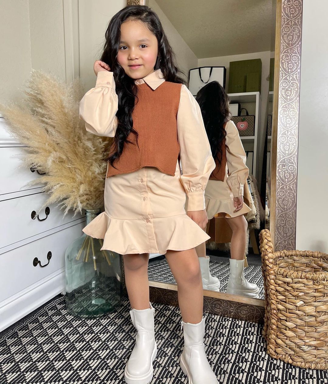 Girls' Autumn Ruffle Dress & Knitted Vest Set