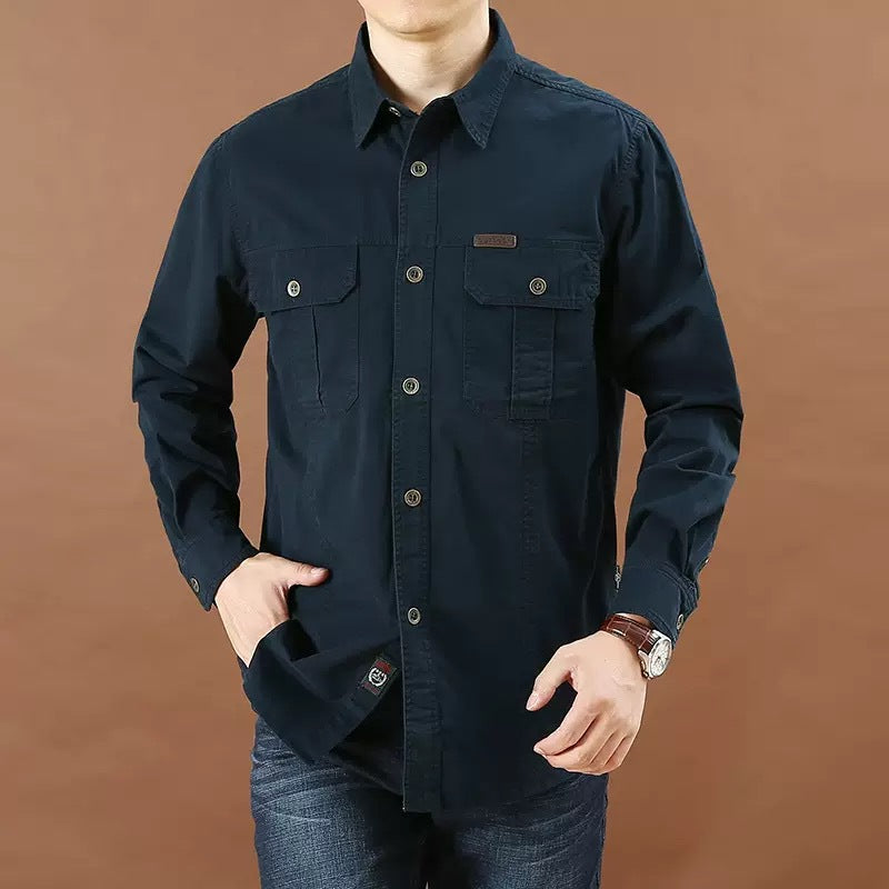 Men's Loose Long Sleeve Cargo Pocket Shirt - Plus Size Solid Color Casual Autumn Top