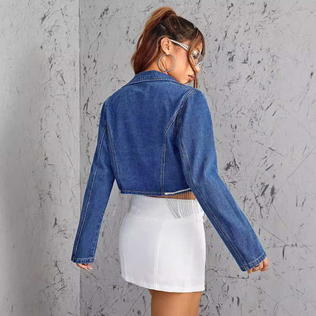 Women's Thin Short Denim Jacket with Tassel Design