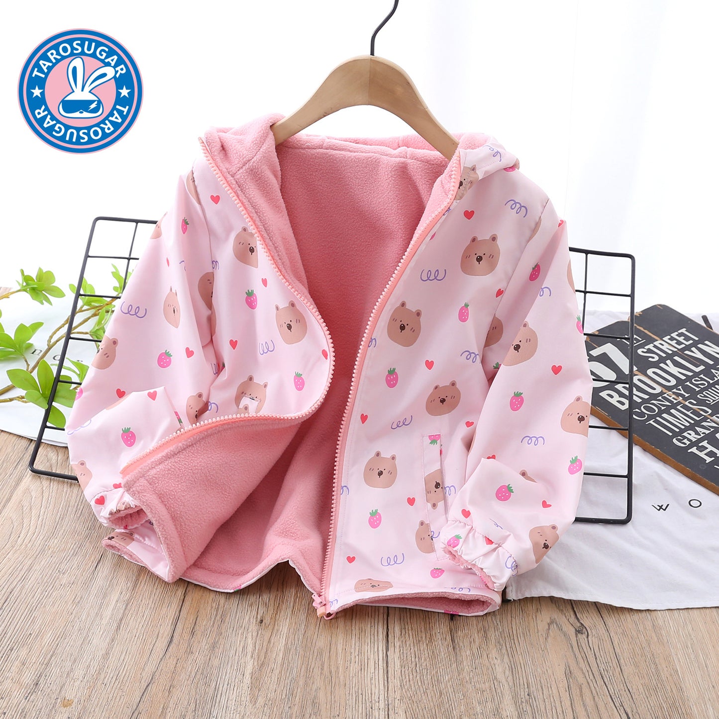 Reversible Girls' Hooded Polar Fleece Jacket  Thickened Winter Warmth (On Hand)