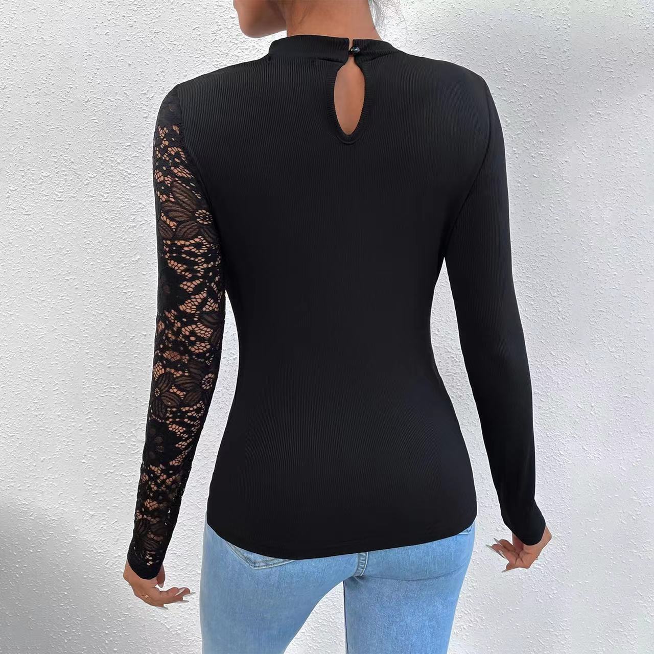 Off-the-Shoulder Lace Irregular Long Sleeve, High Neck Women's Sexy T-Shirt