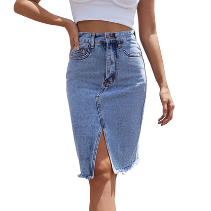 High-Waisted Mid-Length Denim Skirt with Hip Slit for Women