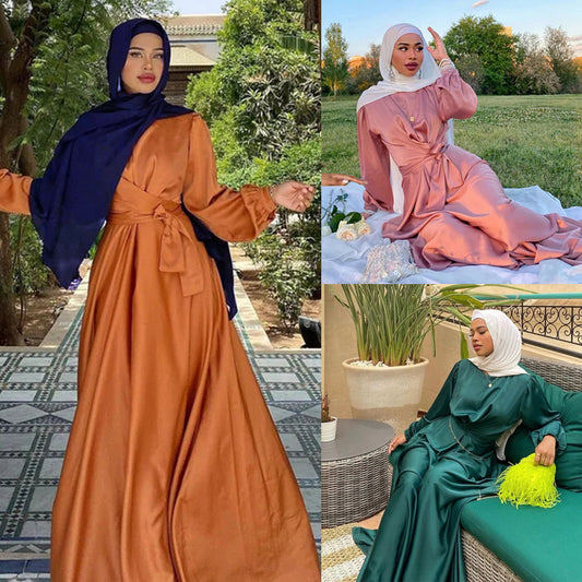 Muslim Hui Solid Color Robe and Ankle Dress abaya