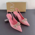 New sandals women's high heels pointed toe back with bow rhinestone chain bright accent stiletto shallow