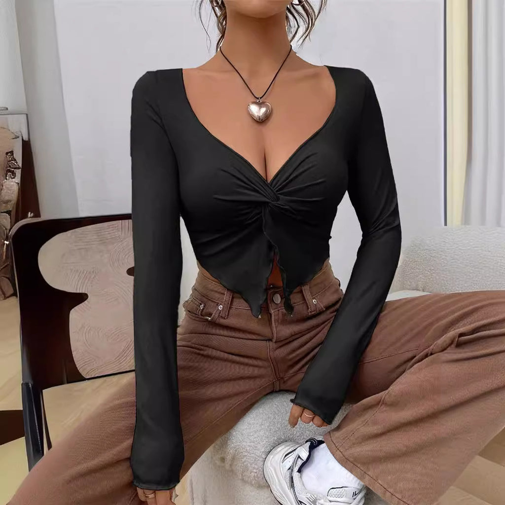 New Slim Front Twist Irregular Long-Sleeved T-shirt Women: Spring and Summer