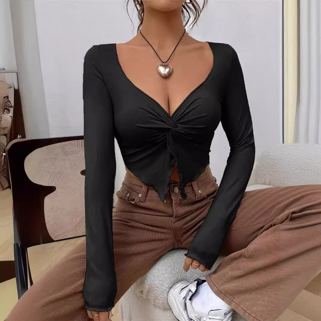 New Slim Front Twist Irregular Long-Sleeved T-shirt Women: Spring and Summer