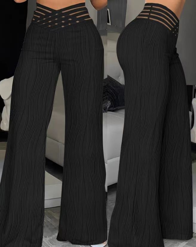 Women's high-waisted slacks, draped pleated cut-out water ripple wide-leg trousers